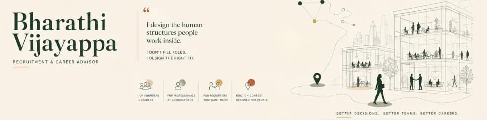 A wide brand banner: Bharathi's name set in Fraunces beside the line "I design the human structures people work inside", with a cutaway line drawing of a multi-storey office. Every floor is drawn in outline; the people inside it are the only solid shapes.